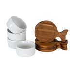 Set Of 4 Acacia Fishtail Serving Trays with Ceramic Bowls - Trinket Dish - British D'sire