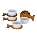 Set Of 4 Acacia Fishtail Serving Trays with Ceramic Bowls - Trinket Dish - British D'sire