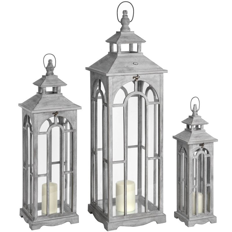 Set Of Three Wooden Lanterns With Archway Design - Lanterns - British D'sire