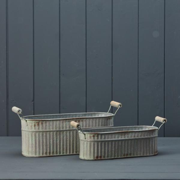 Set of Two Vintage Whitewashed Oval Zinc Troughs - Planter - British D'sire