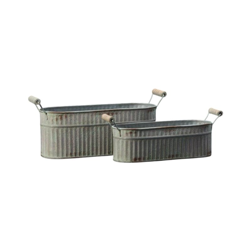 Set of Two Vintage Whitewashed Oval Zinc Troughs - Planter - British D'sire