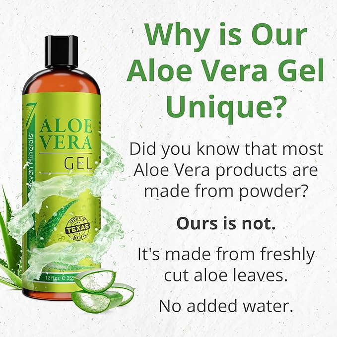 Seven Minerals Organic Aloe Vera Gel with 100% Pure Aloe from Freshly Cut Aloe - NO ACRYLATES & CROSSPOLYMERS, so it absorbs rapidly with No sticky residue - Big 355 ml / 12 fl oz - British D'sire