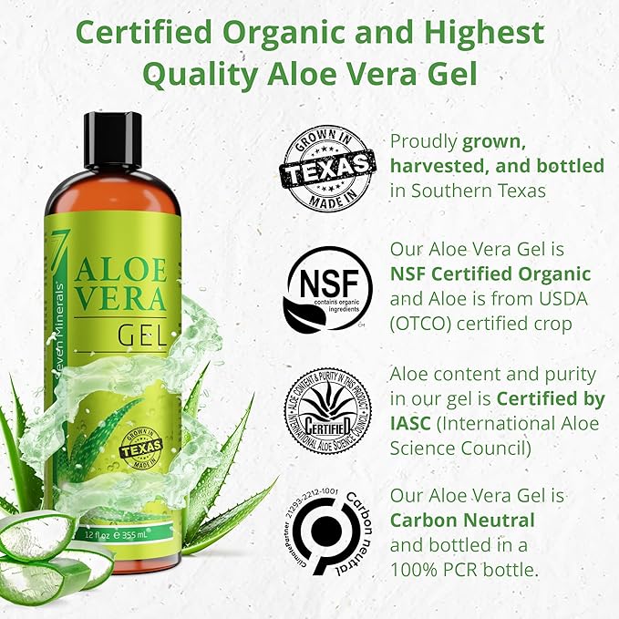 Seven Minerals Organic Aloe Vera Gel with 100% Pure Aloe from Freshly Cut Aloe - NO ACRYLATES & CROSSPOLYMERS, so it absorbs rapidly with No sticky residue - Big 355 ml / 12 fl oz - British D'sire