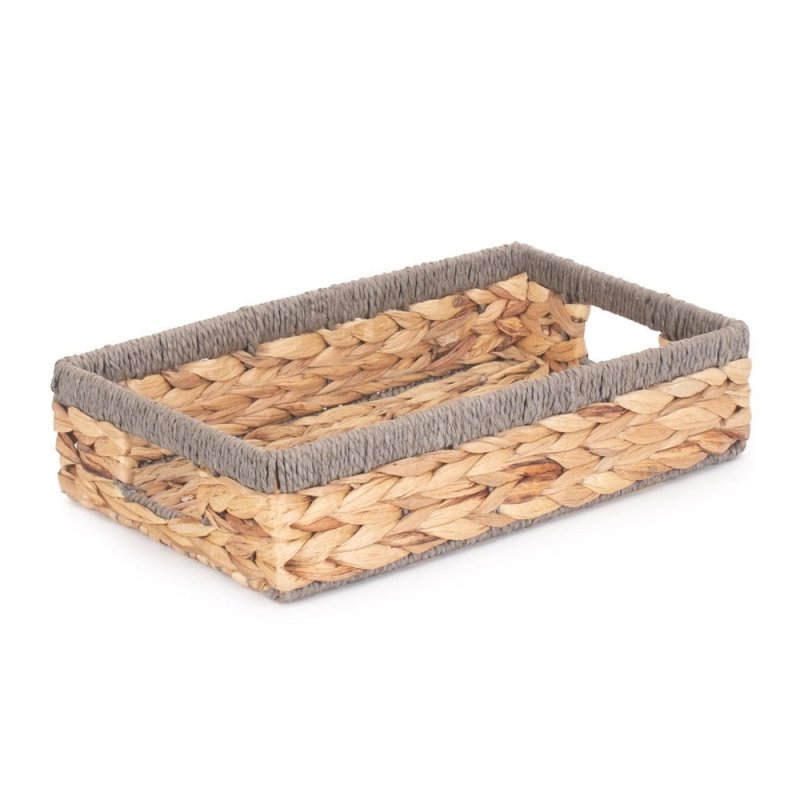 Shallow Rectangular Water Hyacinth With Grey Rope Border Storage Basket - Serving Tray - British D'sire