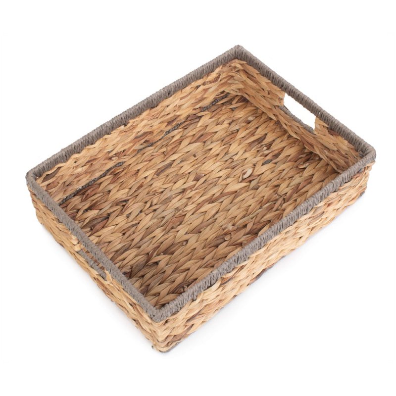 Shallow Rectangular Water Hyacinth With Grey Rope Border Storage Basket Secondary image