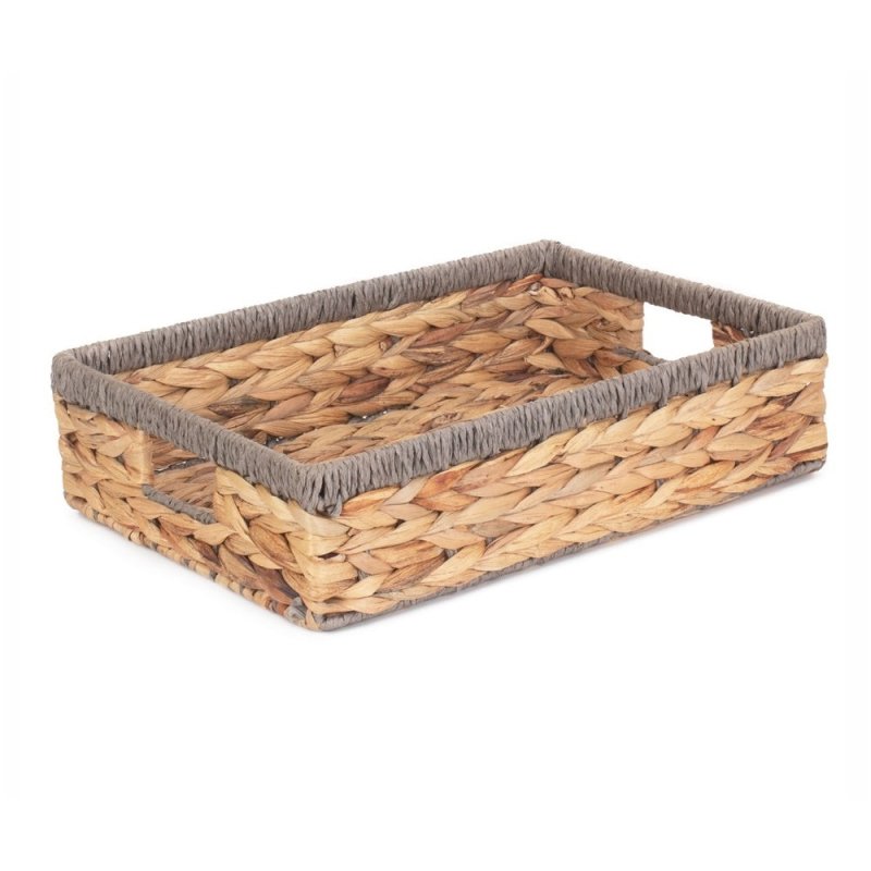 Shallow Rectangular Water Hyacinth With Grey Rope Border Storage Basket - Serving Tray - British D'sire