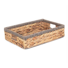 Shallow Rectangular Water Hyacinth With Grey Rope Border Storage Basket - Serving Tray - British D'sire