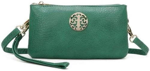 She & Bags Women Golden Badge Detail Multi Function Doubel Compartments Small Wristlet Purse Clutch Crossbody Messenger Handbag