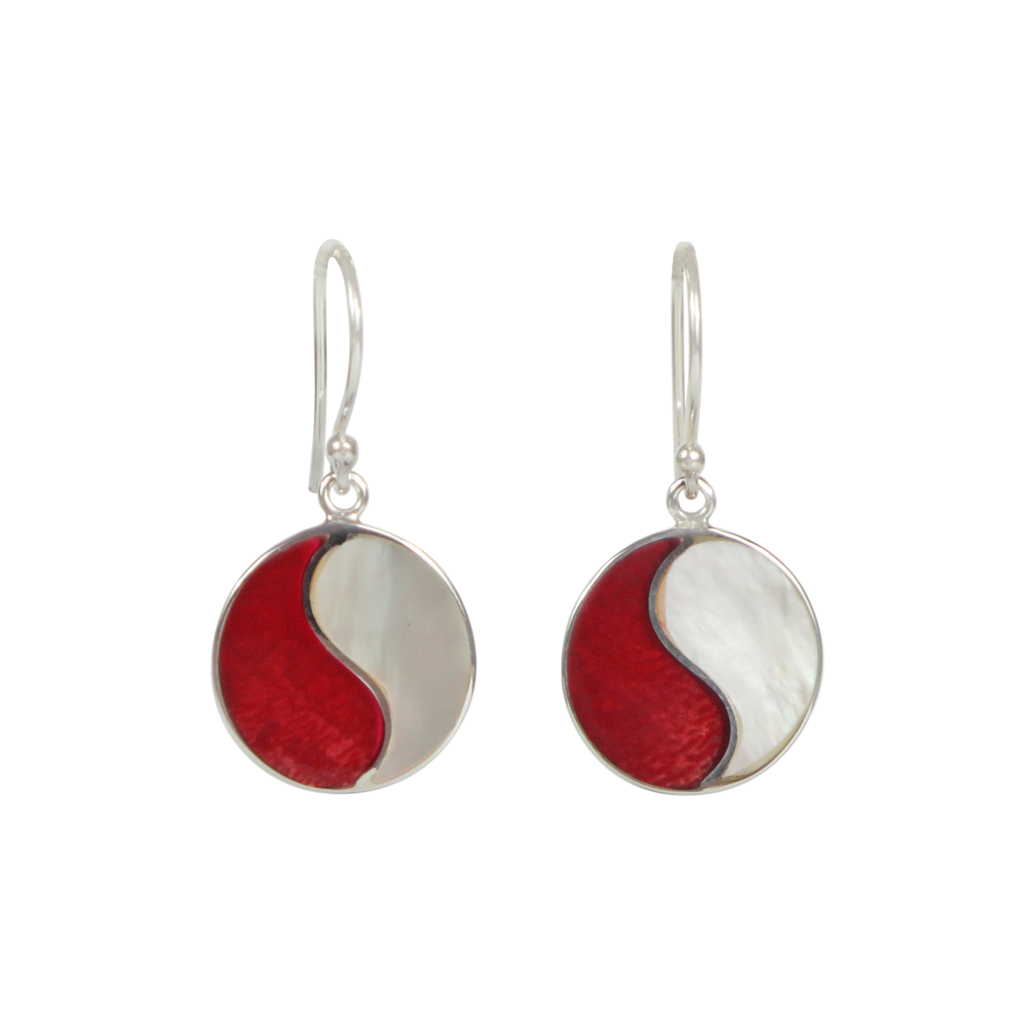 Sundari Jewellery Striking Mother of Pearl and Coral Combined Circle Earrings with Sterling Silver