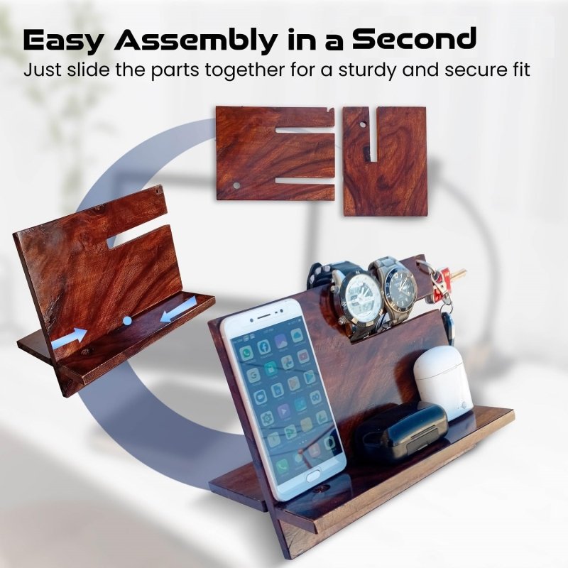 SHOPUKASA Wooden Phone Stand | Docking Station | Nightstand Organizer | Valet Tray for Men | Bedside Table | Birthday Gift for Husband, Dad | Watch & Key Holder – (Walnut) - Home Decor & Furniture - British D'sire