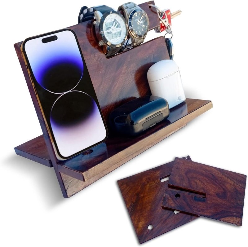 SHOPUKASA Wooden Phone Stand | Docking Station | Nightstand Organizer | Valet Tray for Men | Bedside Table | Birthday Gift for Husband, Dad | Watch & Key Holder – (Walnut) - Home Decor & Furniture - British D'sire Main image