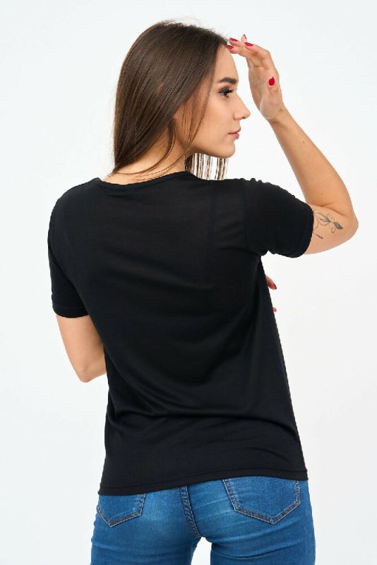 Short-Sleeved V Neck Women's T Shirt in Black - Shirts & Tops - British D'sire
