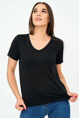 Short-Sleeved V Neck Women's T Shirt in Black - Shirts & Tops - British D'sire