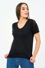 Short-Sleeved V Neck Women's T Shirt in Black - Shirts & Tops - British D'sire