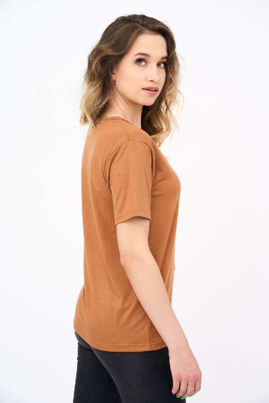 Short-Sleeved V Neck Women's T Shirt in Camel Color! - Shirts & Tops - British D'sire