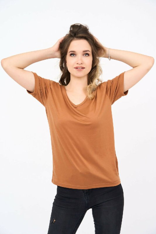 Short-Sleeved V Neck Women's T Shirt in Camel Color! - Shirts & Tops - British D'sire