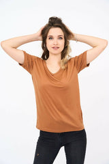 Short-Sleeved V Neck Women's T Shirt in Camel Color! - Shirts & Tops - British D'sire