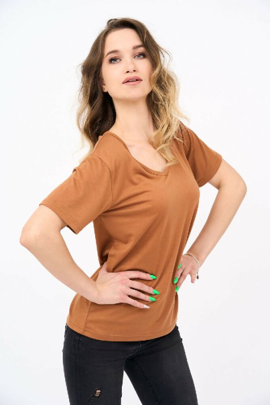 Short-Sleeved V Neck Women's T Shirt in Camel Color! - Shirts & Tops - British D'sire