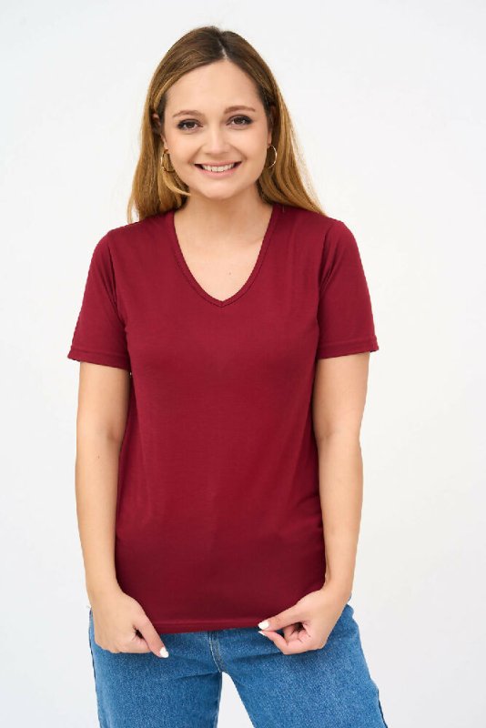 Short-Sleeved V Neck Women's T Shirt in Camel Color! - Shirts & Tops - British D'sire Main image