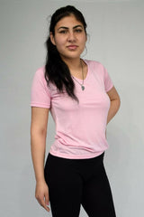Short-Sleeved V Neck Women's T Shirt in Dark Pink - Shirts & Tops - British D'sire