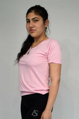 Short-Sleeved V Neck Women's T Shirt in Dark Pink - Shirts & Tops - British D'sire
