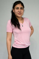 Short-Sleeved V Neck Women's T Shirt in Dark Pink - Shirts & Tops - British D'sire