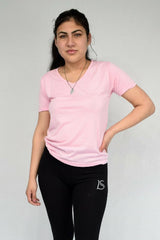 Short-Sleeved V Neck Women's T Shirt in Dark Pink - Shirts & Tops - British D'sire