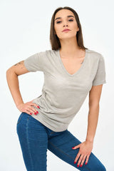 Short-Sleeved V Neck Women's T Shirt in Grey - Shirts & Tops - British D'sire