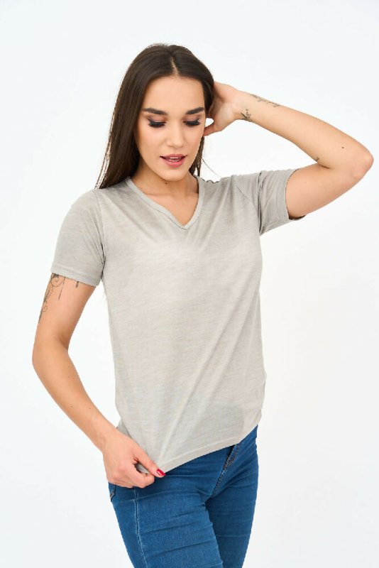Short-Sleeved V Neck Women's T Shirt in Grey - Shirts & Tops - British D'sire
