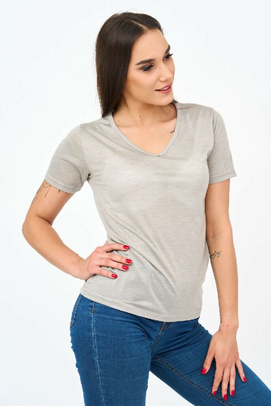 Short-Sleeved V Neck Women's T Shirt in Grey - Shirts & Tops - British D'sire