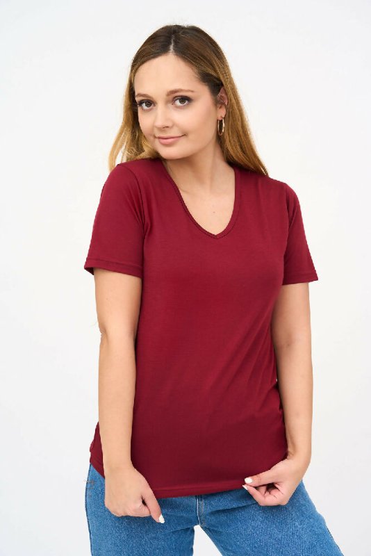 Short-Sleeved V Neck Women's T Shirt in Maroon - Shirts & Tops - British D'sire