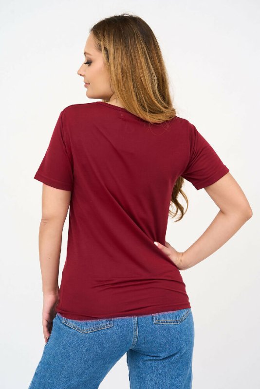 Short-Sleeved V Neck Women's T Shirt in Maroon - Shirts & Tops - British D'sire