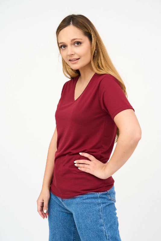 Short-Sleeved V Neck Women's T Shirt in Maroon Secondary image