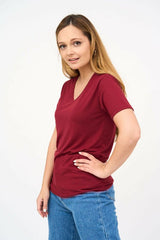Short-Sleeved V Neck Women's T Shirt in Maroon - Shirts & Tops - British D'sire