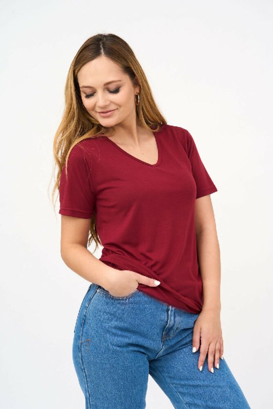 Short-Sleeved V Neck Women's T Shirt in Maroon - Shirts & Tops - British D'sire