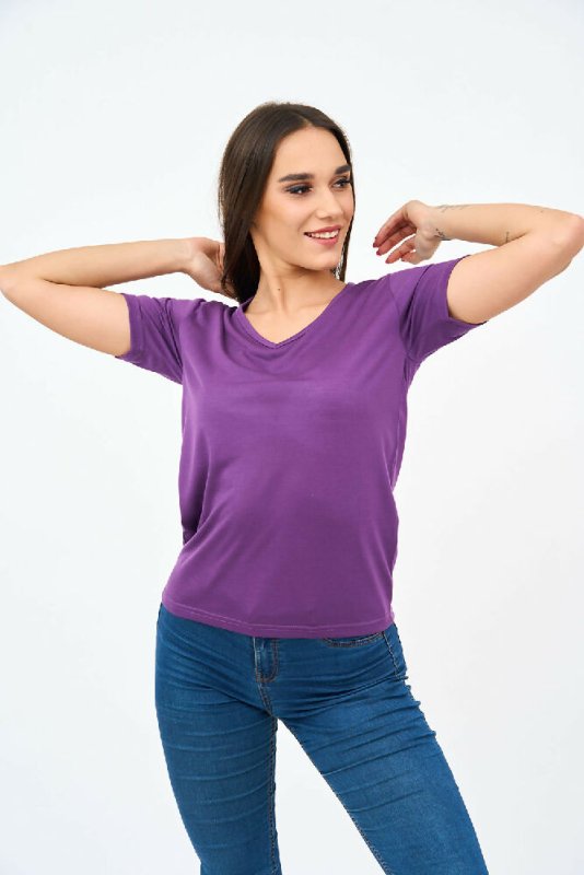 Short-Sleeved V Neck Women's T Shirt in Purple - Shirts & Tops - British D'sire Main image