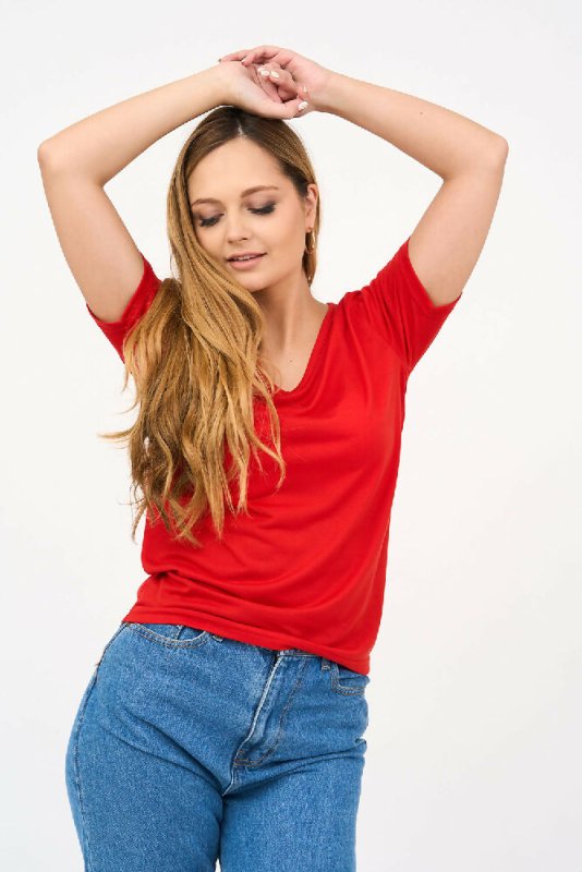 Short-Sleeved V Neck Women's T Shirt in Red! Secondary image