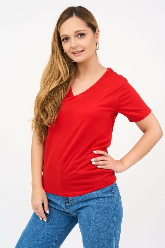Short-Sleeved V Neck Women's T Shirt in Red! - Shirts & Tops - British D'sire Main image