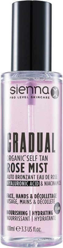 Sienna X Gradual Organic Self Tan Rose Mist Hyaluronic Acid & Niacinamide Facial Tanner - British D'sire