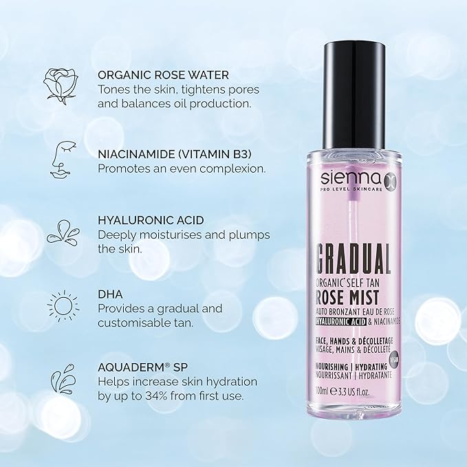 Sienna X Gradual Organic Self Tan Rose Mist Hyaluronic Acid & Niacinamide Facial Tanner - British D'sire