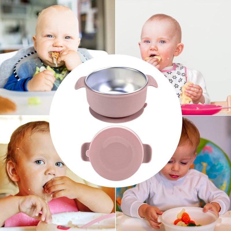 Silicone Baby Bowls with Suction, Stainless Steel Suction Bowl with Lid and Double Ears, Anti Scald Food Container, Non - Slip and Spill - Proof Design, for Baby Self - Service Feeding - Baby Bowls - British D'sire