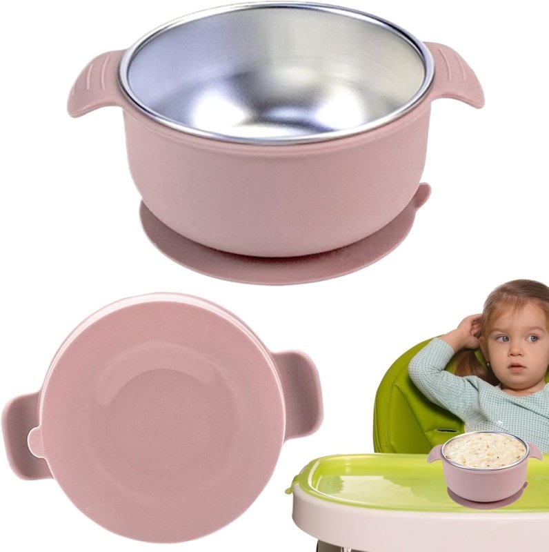 Silicone Baby Bowls with Suction, Stainless Steel Suction Bowl with Lid and Double Ears, Anti Scald Food Container, Non - Slip and Spill - Proof Design, for Baby Self - Service Feeding - Baby Bowls - British D'sire Main image