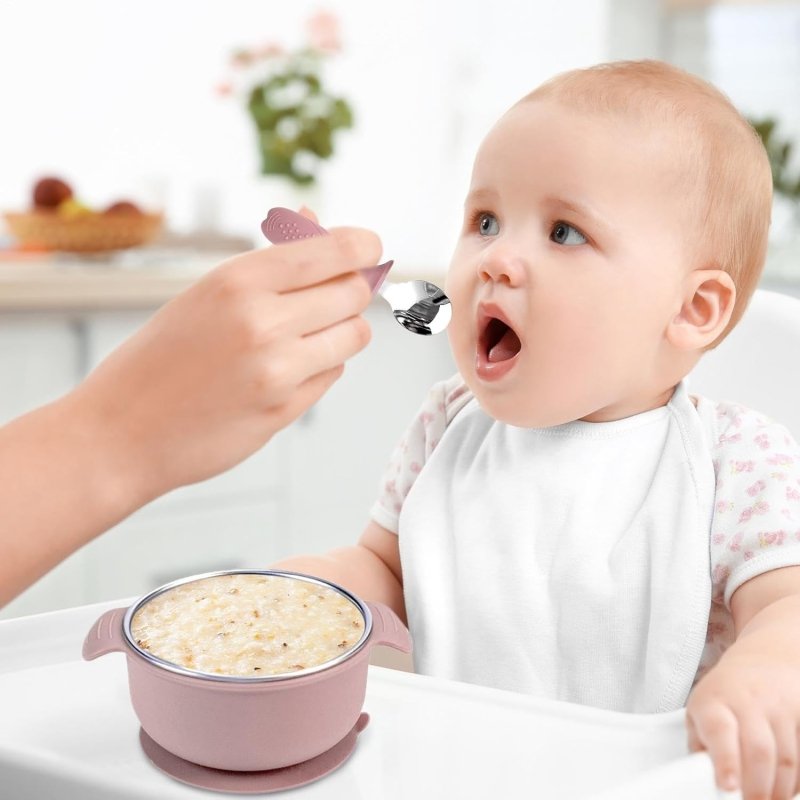 Silicone Baby Bowls with Suction, Stainless Steel Suction Bowl with Lid and Double Ears, Anti Scald Food Container, Non - Slip and Spill - Proof Design, for Baby Self - Service Feeding - Baby Bowls - British D'sire