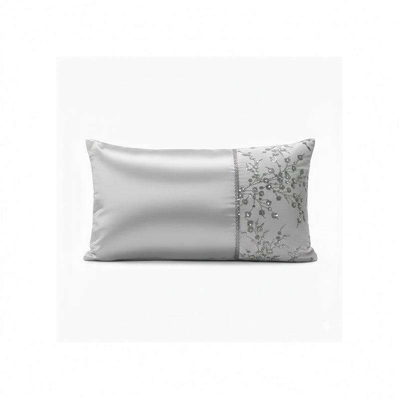 Luxury Embellished Oblong Cushion with Satin Finish Decorative Accent Pillow for Sofa And Bed - Silver Main image