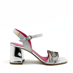 Silver mirrored block heel sandal by Mimi | Comes with gentle feather - front and intricate ankle strap - Heel Shoe - British D'sire