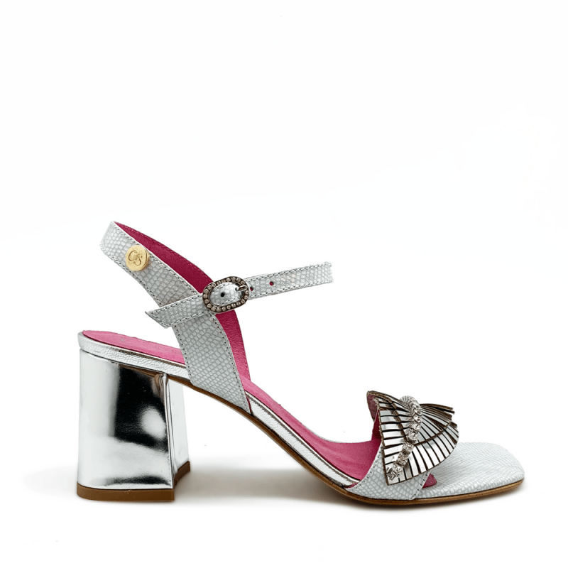 Silver mirrored block heel sandal by Mimi | Comes with gentle feather - front and intricate ankle strap - Heel Shoe - British D'sire