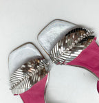 Silver mirrored block heel sandal by Mimi | Comes with gentle feather - front and intricate ankle strap - Heel Shoe - British D'sire