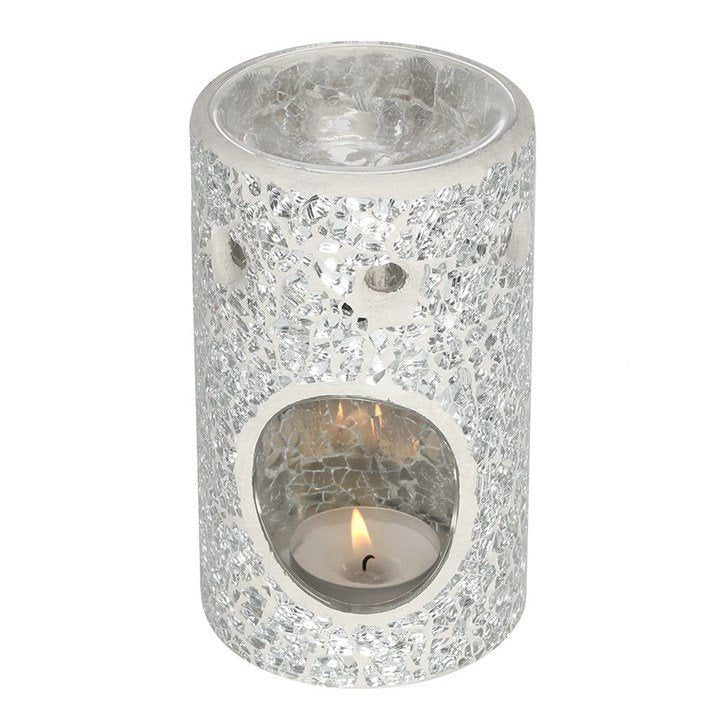 Silver Pillar Crackle Glass Oil Burner and Wax Warmer - British D'sire