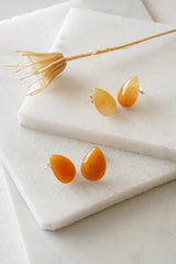 Silver Rain Drop Stud Earrings with Yellow Jade - Earrings - British D'sire