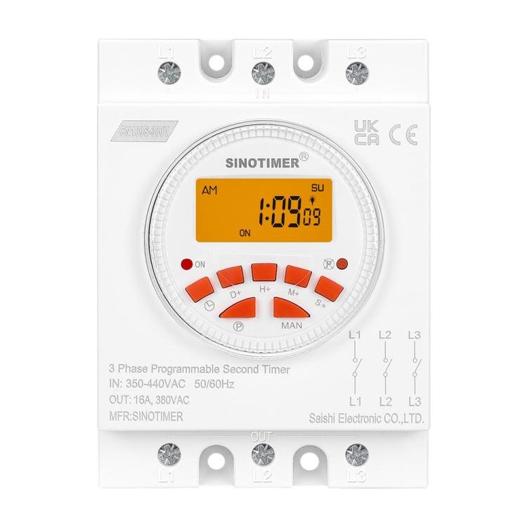 SINOTIMER CN109S - 380V 16A 3 Phase Timer Switch 7 - Day Programmable Minimum Interval 1s With Backlight - British D'sire Main image